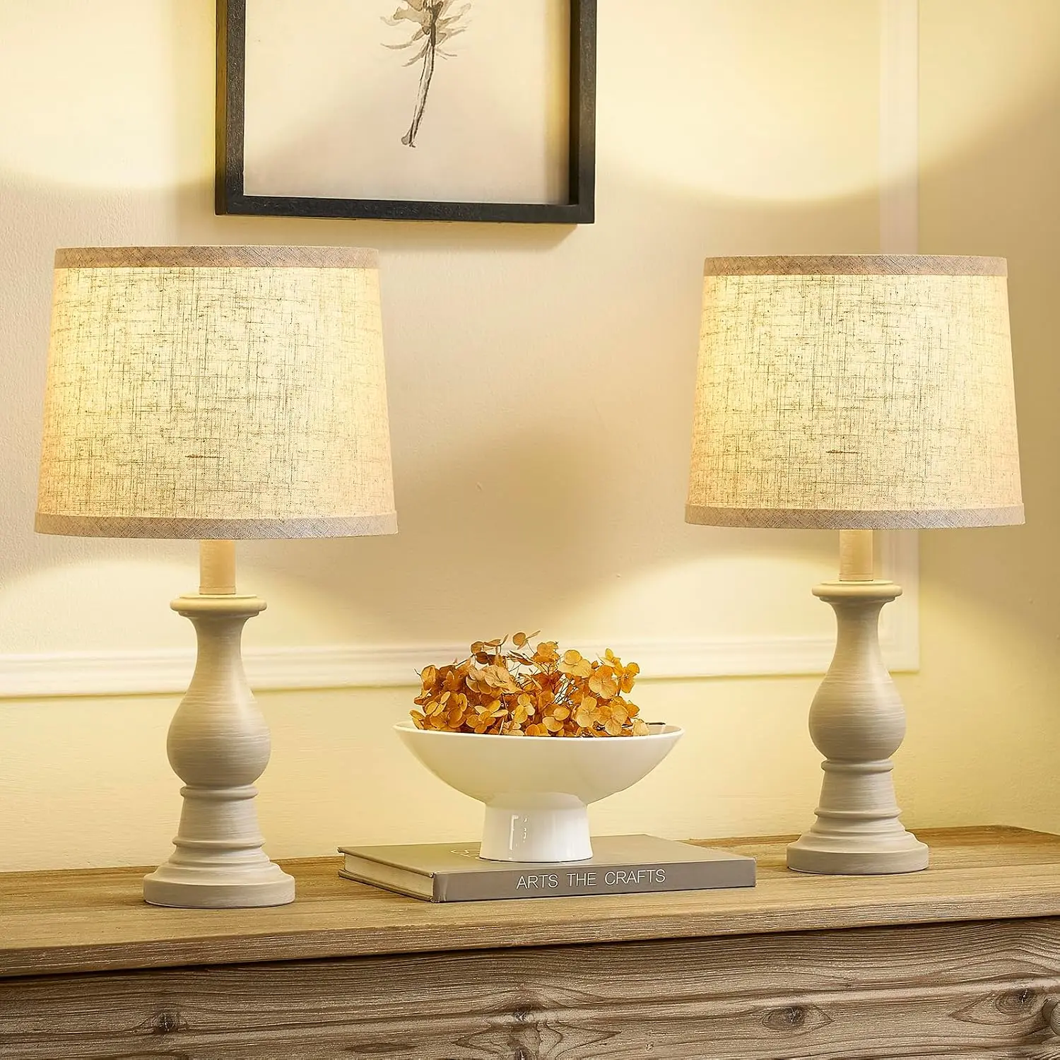 2-Piece Rustic Vintage Table Lamps Set, 18.5in Farmhouse Bedside Lamps with Oatmeal Linen Shades, Secure Design, 2x A19 LED Bulbs Included for Living Room Bedroom