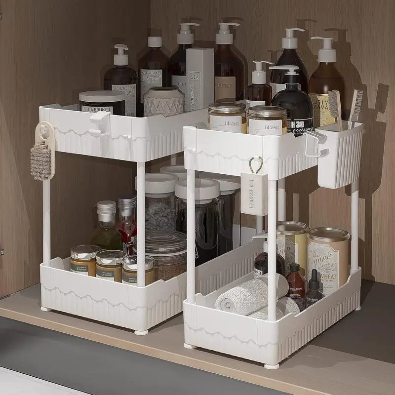 2-Pack 12.8in White Under Sink Organizer, 2-Tier Bathroom Cabinet Storage Shelf with Side Hooks & Hanging Cup, Multi-Purpose Rack for Bathroom Toiletries & Kitchen Cleaning Supplies