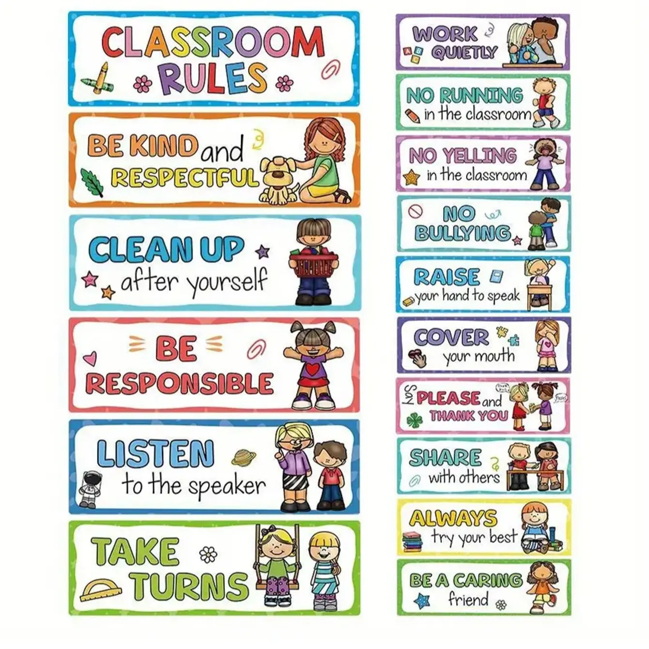 Classroom Rules Poster Set of 16, Classroom Supplies, Durable and Vivid Educational Wall Art for Elementary School Kids Rooms, Creative Play Space Decoration