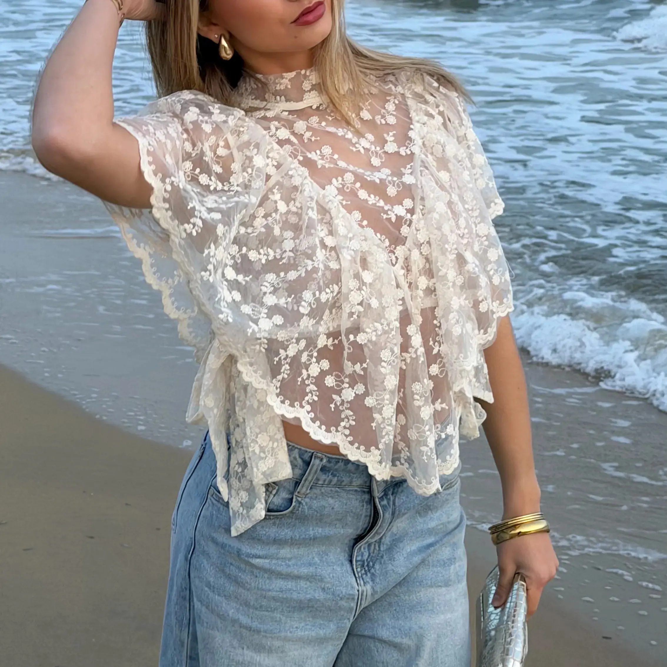 Women's Summer Polyester Lace Blouse - Casual Sheer, Irregular Ruffled Flutter Short-Sleeve Top for Fashion Lady Streetwear, Sheer Detail Lace Bodice Blouses & Shirts, Women's Fashion, Cute Lace Blouses & Shirts
