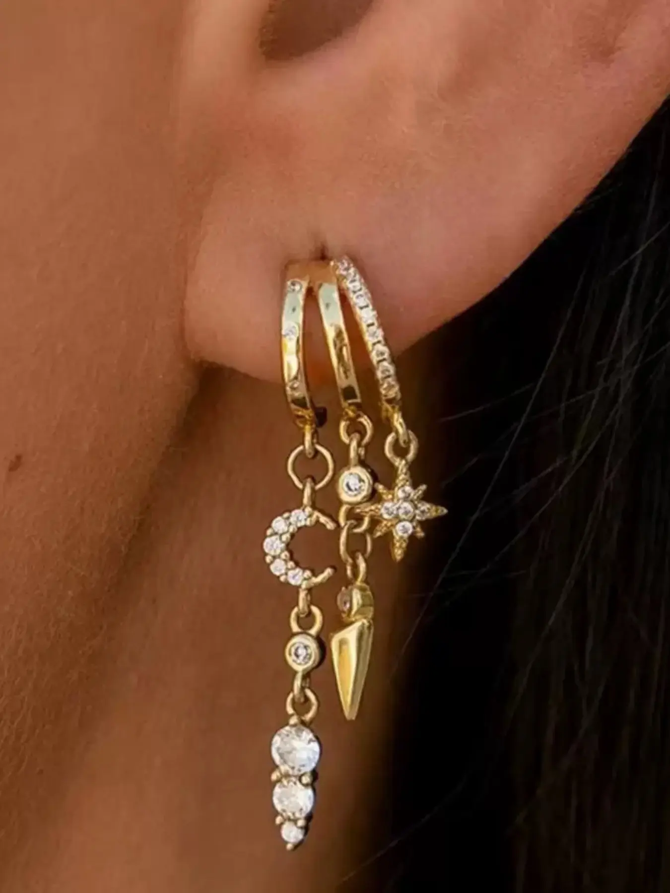 Dainty Triple Huggie Long Drop Dangle Earrings, Trendy Small Hoops for Women, Elegant Jewelry Accessory for Daily Wear