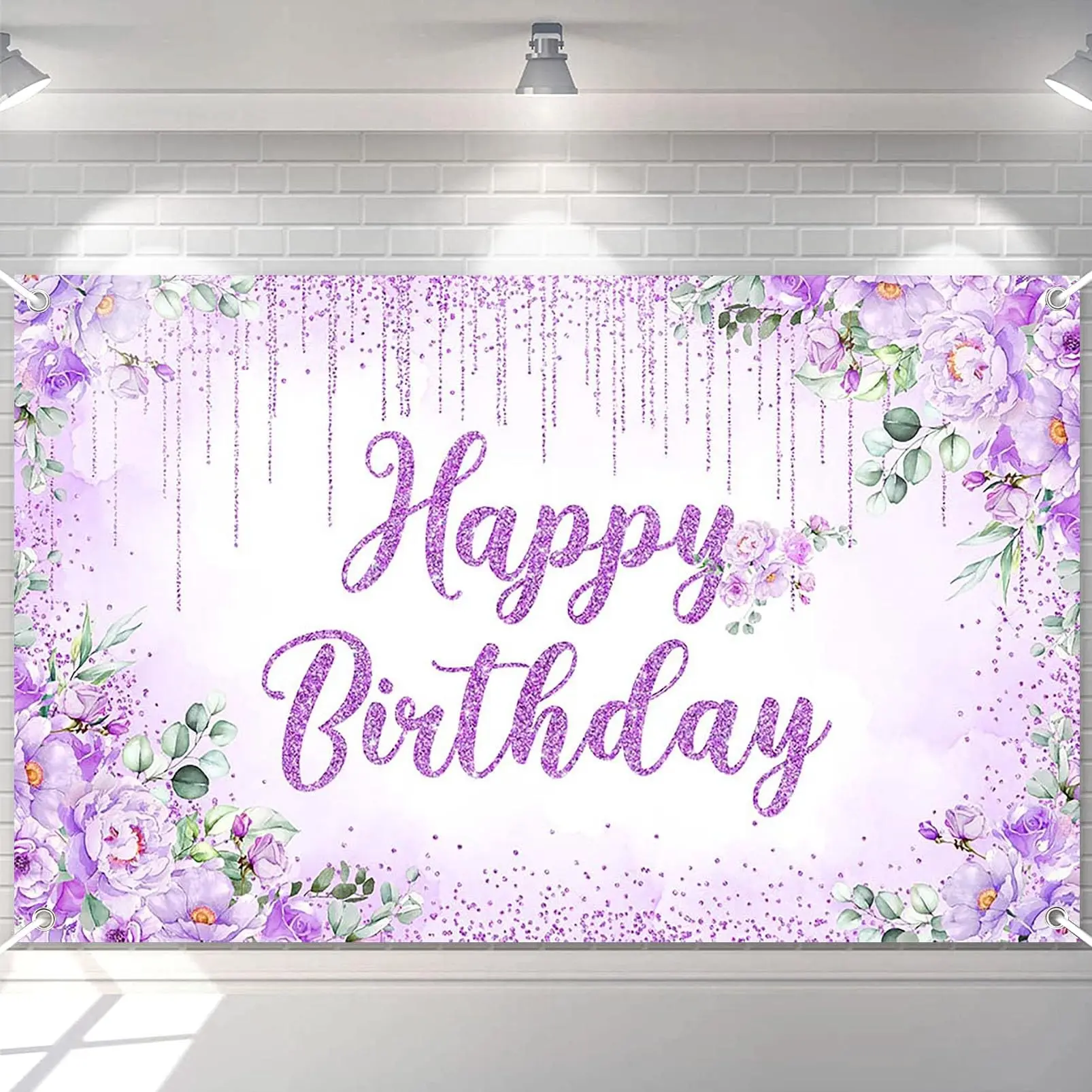 Birthday Background Cloth, Floral 'happy Birthday' Banner, Lavender Party Decor, Glitter Birthday Backdrop, Girl's Photo Booth Backdrop, Birthday Decoration