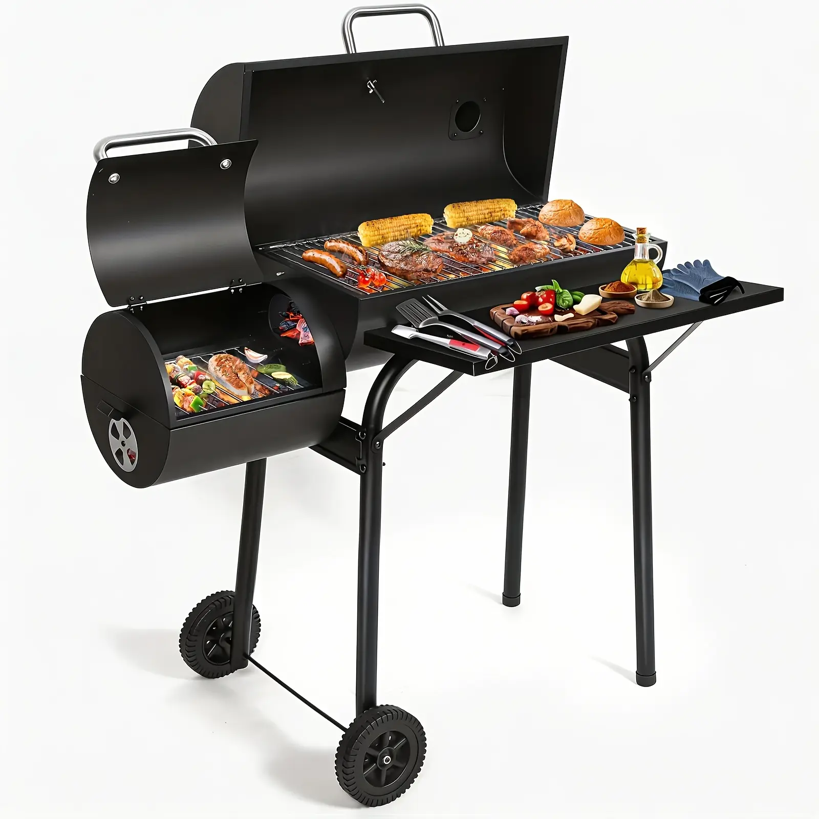 [Father's Day Gift] Multi-Purpose Charcoal Grill Smoker with Offset Smoker, Barrel BBQ Grill for Backyard, Patio, Camping, Party & Outdoor Cooking, Black, Father's Day Gift for Dad, BBQ Gifts for Men