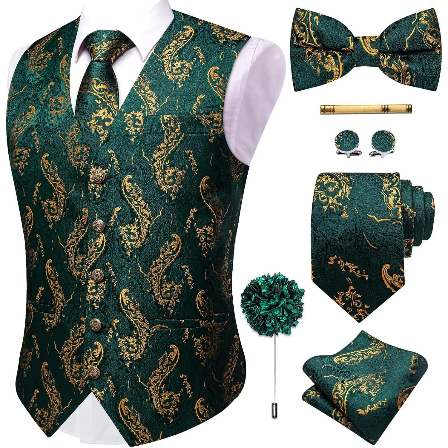 Mens Suit Vest Tie Bowtie Set Silk Paisley Formal Waistcoat Pocket Square Cufflinks Clip Lapel Pin Wedding Party