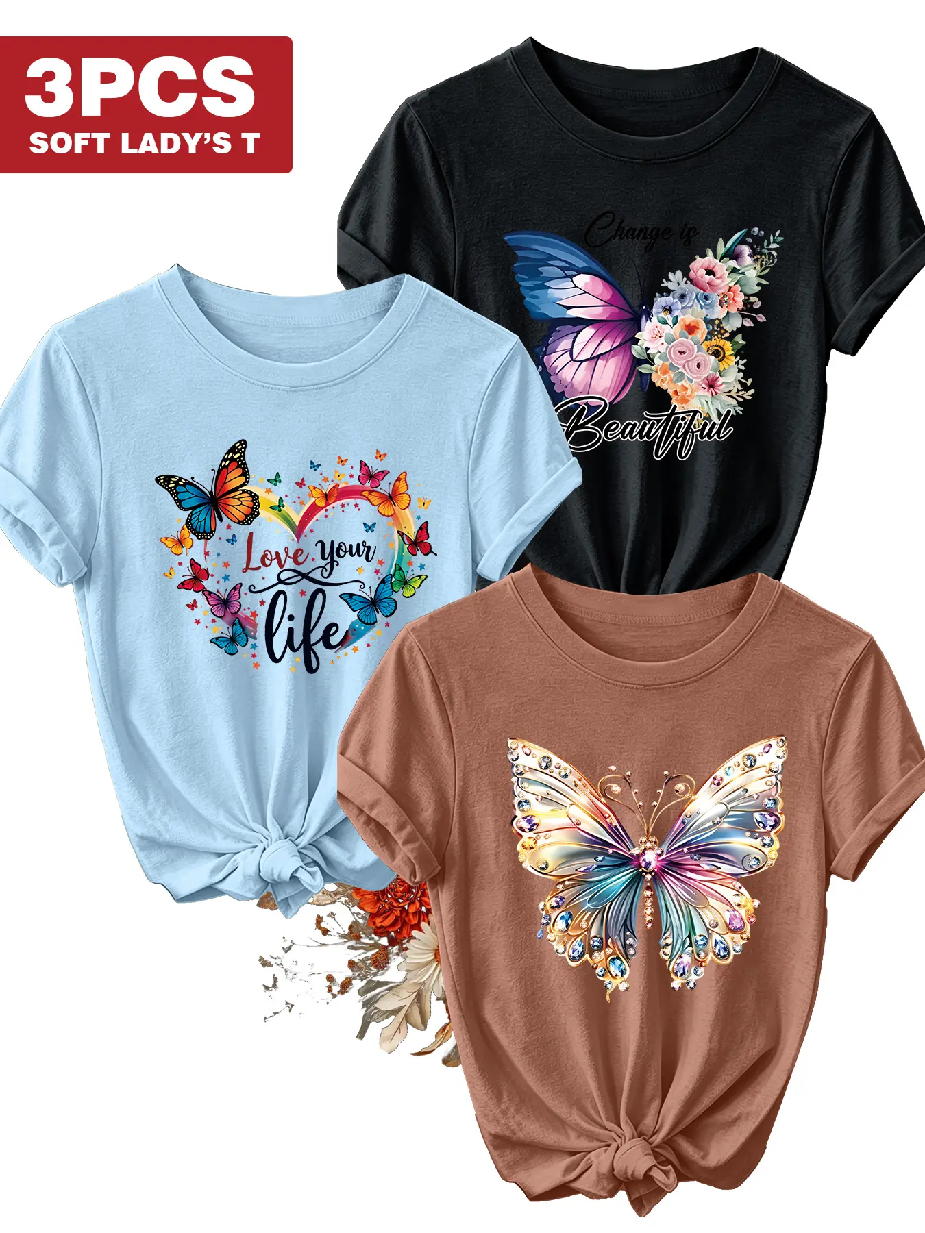 3Pcs Women Crew Tee Round Neck Casual, Colorful Butterfly Floral Quote Print, multi-color, washable, soft spring summer top, Graphic Tees Women