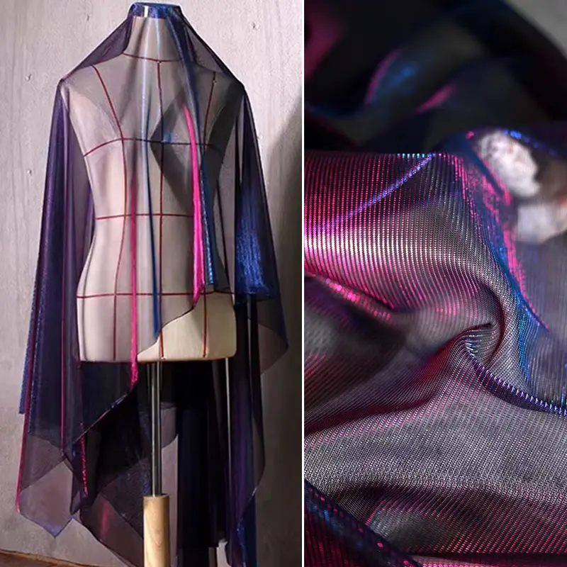 Purple/Blue semi-transparent sheer fabric — lightweight, soft, breathable, shimmery mesh fabric, suitable for prom dresses, wedding arch backdrops, and handmade DIY sewing projects