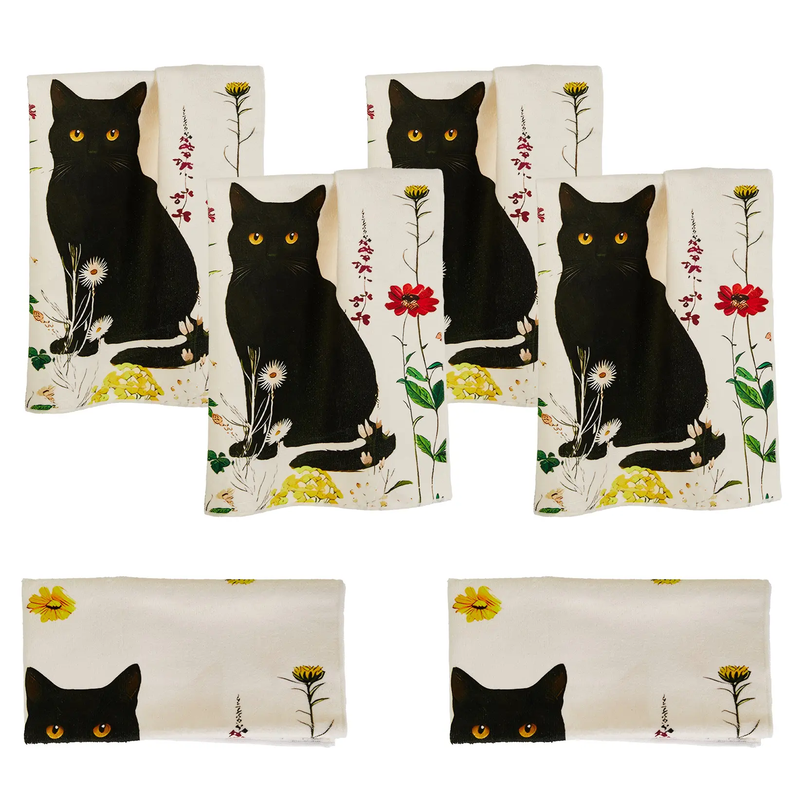6-Pack Microfibre Kitchen Towel Set, Quick-Drying 17.7"x26" Decorative Dish Towels with Floral & Cat Prints, Super Absorbent for Daily Kitchen Use