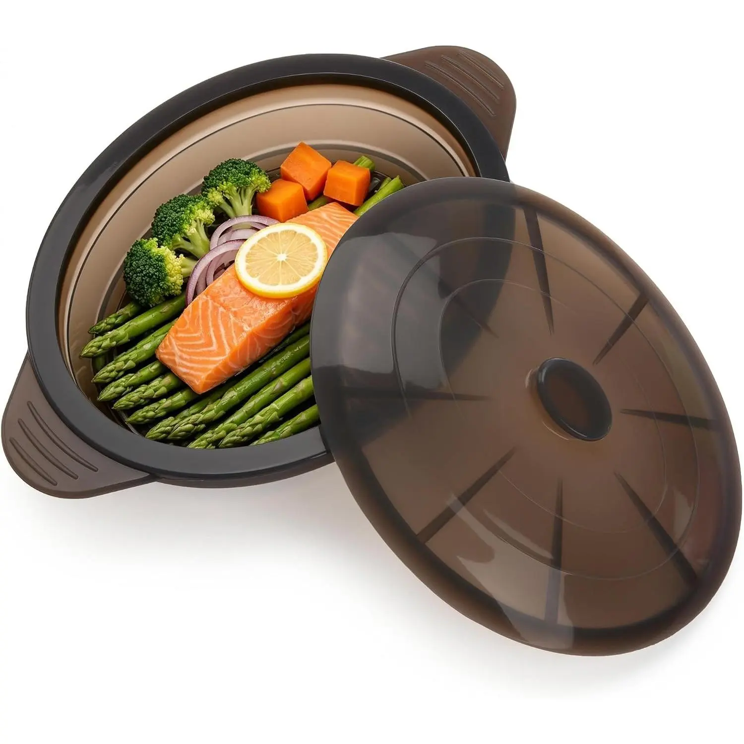 Microwave Steamer Cooker Collapsible Silicone Bowl Baked Potato Cookware with Handle Lid & Removable Rack For Vegetables Fish Meal Prep BPA Free Easy to Store Freezer Dishwasher Safe Black