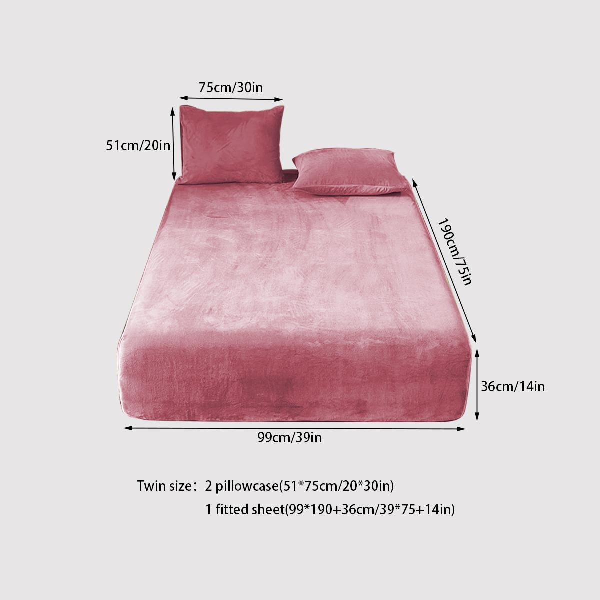 Solid Color Fitted Sheet and Pillowcase Set, 3 pcs/set Including 1 Plush Fitted Sheet and 2 Pillowcases without Filler, Soft Bedding Set