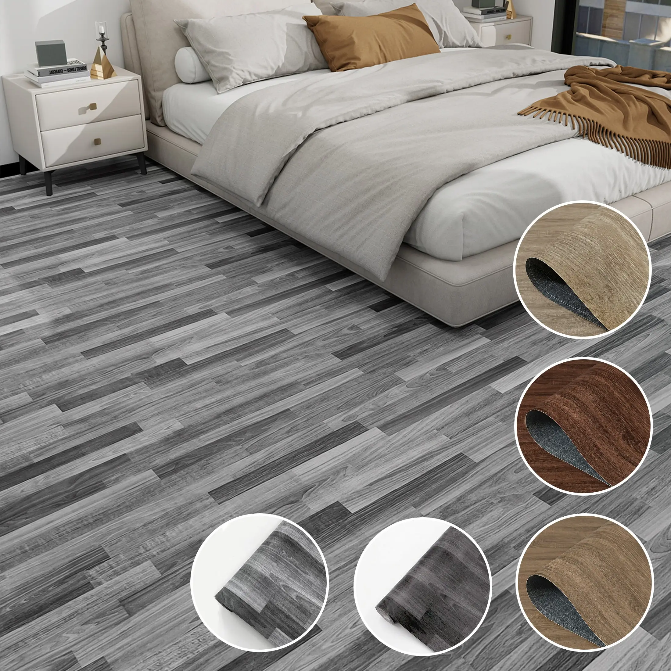 1 Roll 40cm (15.75 Inch) Wide Grey Wood Grain Peel and Stick Floor Tile, Waterproof Oil Proof Self Adhesive Vinyl Floor Sticker, Cuttable Removable Floor Decal for Living Room Bedroom Kitchen Bathroom DIY Home Decor Peel and Stick Flooring