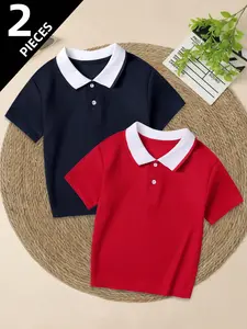 2-Pack Boy Solid Polo Shirts, Summer Casual Slim-Fit Short Sleeve T-Shirts, Ideal for Daily Wear, School, Outdoor Activities