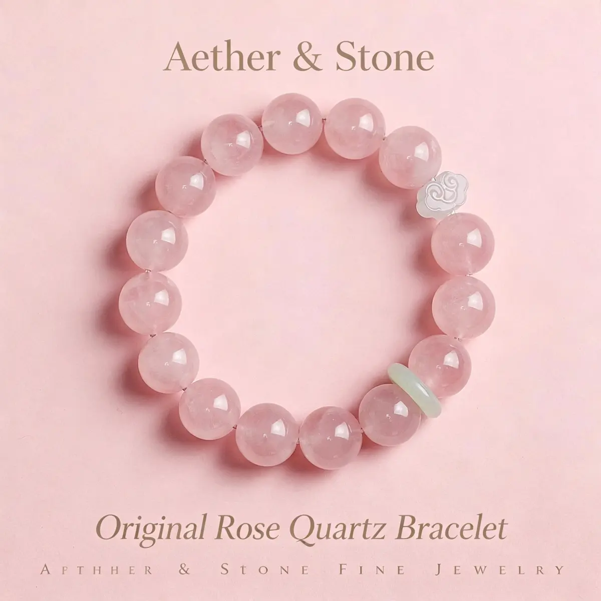 Women's 12mm Natural Rose Quartz Beaded Bracelet - Grapefruit Blush with Carved Cloud Motif Charm, Casual Stretch Fit Minimalist Classic Jewelry, Gift-Ready Birthday Gift for Adults