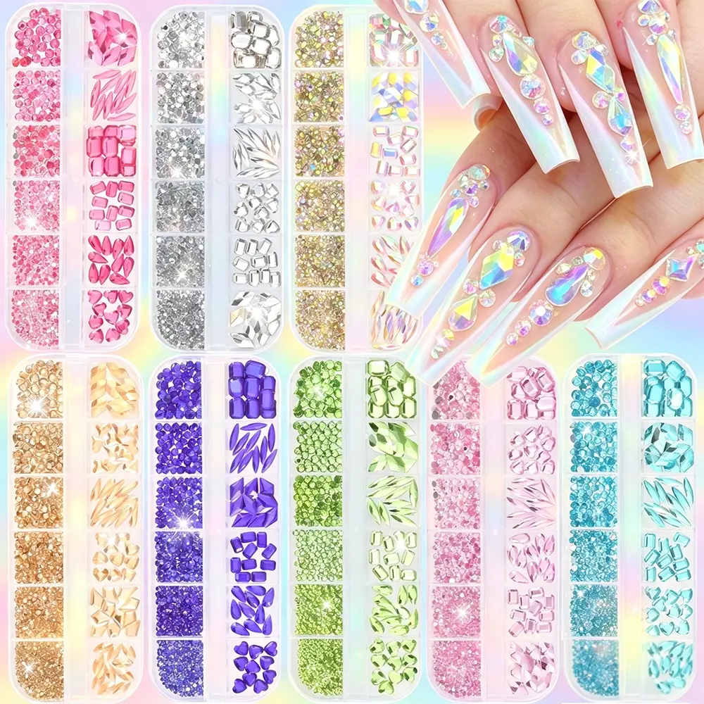 Color Options 12 Grid 3D Point Back Bling Rhinestone Nail Rhinestones, Rose Pink Lake Blue Olive Clear AB Full Set, Mixed Micro & Large Crystal Storage Box, Strong Adhesion No Fall Off Budget DIY Nail Accessories For Students
