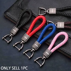 Car Logo Metal Leather Braided Rope Keychain, Universal Car Key Holder for Jeep Grand Cherokee, Wrangler Jk, Gladiator, Compass, Renegade, Patriot