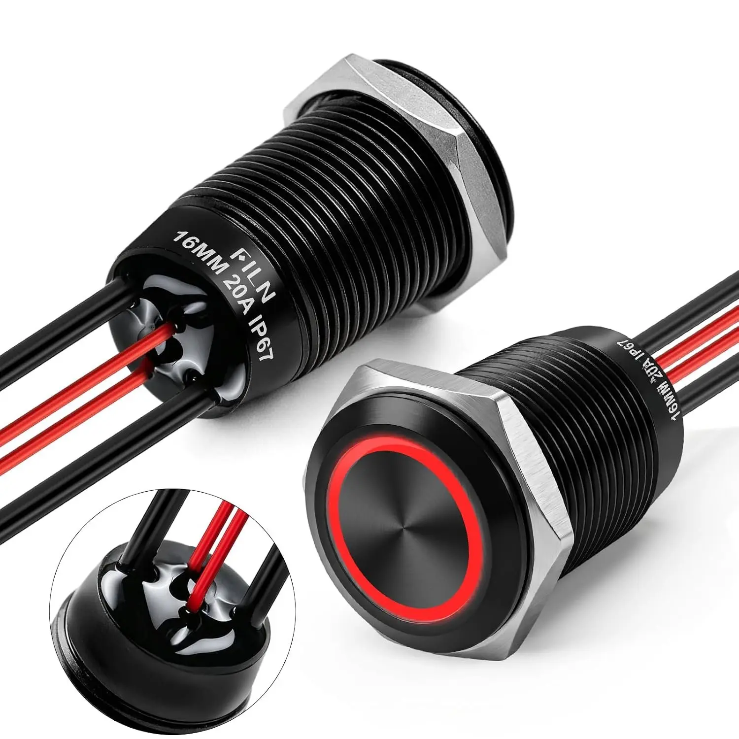 2 count 20A 16mm Latching Push Button  12V-24VDC IP67 Black Shell