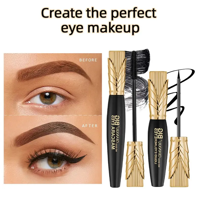 2 in 1 Eye Makeup Set with Tube Waterproof Volume and Lengthening Mascara Plus Slim Liquid Eyeliner Pen Smudge Proof Long Lasting Big Eye Cosmetics Gift Set Eye Kit for Women