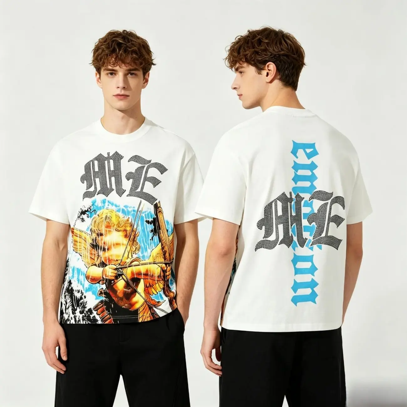 MIXED EMOTION Diamond Angel Graphic Tee, Vintage Cotton T-Shirt for Streetwear, Oversized T-Shirts Tee Hip Hop Summer Short Sleeve Top