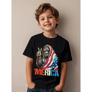 Sasquatch Rock American Flag Patriotic 4th Of July Novelty Awesome Graphic Kid T-Shirt Popular Kid T Shirts Streetwear Tops Tees for Kid