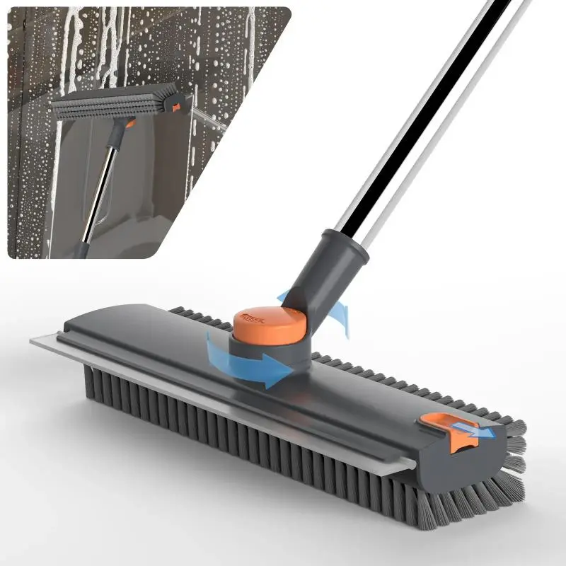 1pc  3-in-1 Rotatable Floor Scrub Brush With Extendable Stainless Steel Handle, 360 Rotating Hard Bristle & Silicone Water Wiper, Heavy Duty Cleaner For Tile Floors, Concrete, Shower Room, Balcony, Multi-scene Household Deep Clean Supplies
