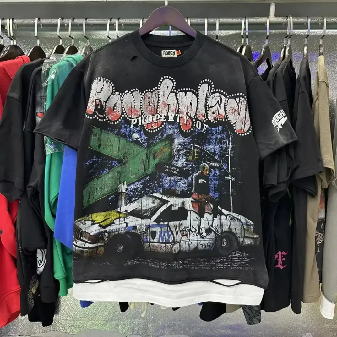 Trending Rough Play Unisex Rhinestone Graphic Tee 100% Cotton Heavyweight Oversized T-Shirt Splicing Design Y2K Hip Hop Streetwear Casual Summer Top for Men Women Fashion