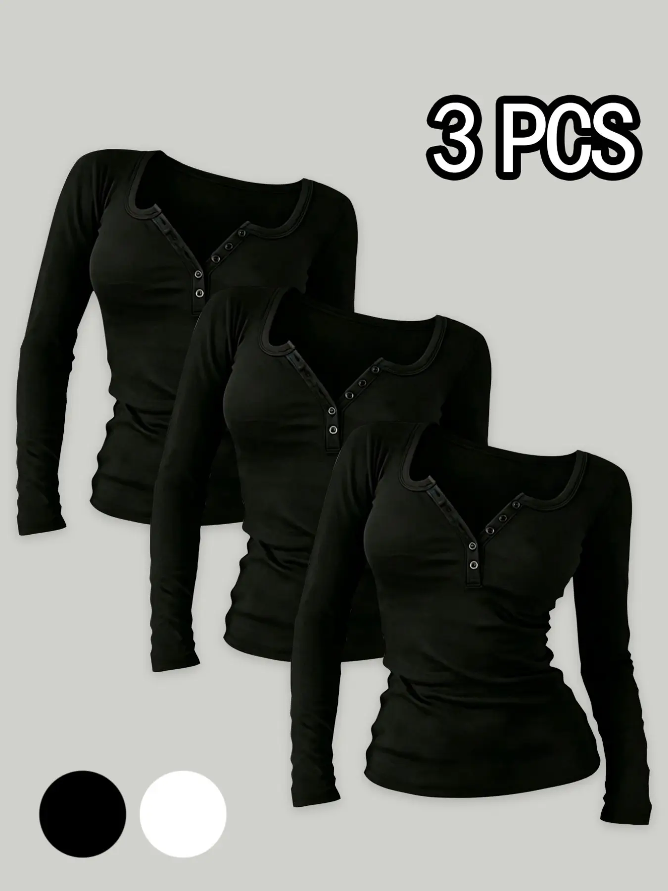 Women's Fitted Long Sleeve Three-Piece Set, Henry Neck Half-Button Pleated Waist, Sexy Spring & Fall Top, Slim Fit Casual T-Shirt