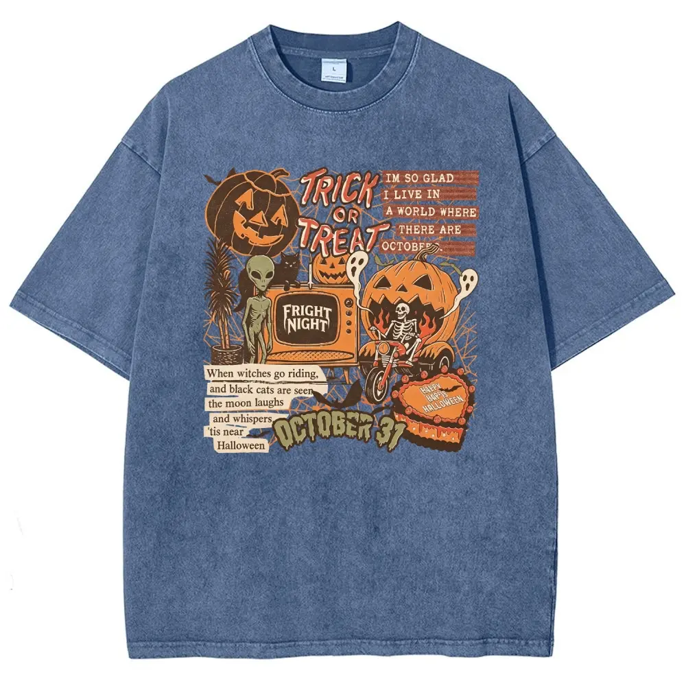 Unisex Halloween TRICK OR TREAT, jack-o'-lanterns, aliens, black cats Graphict Washed T-Shirt Personalized Pattern Y2k Clothing Round Neck Washed T-Shirt,Women's Clothing 100% Cotton, Menswear, Top, Vintage Style,Summer Casual Oversized