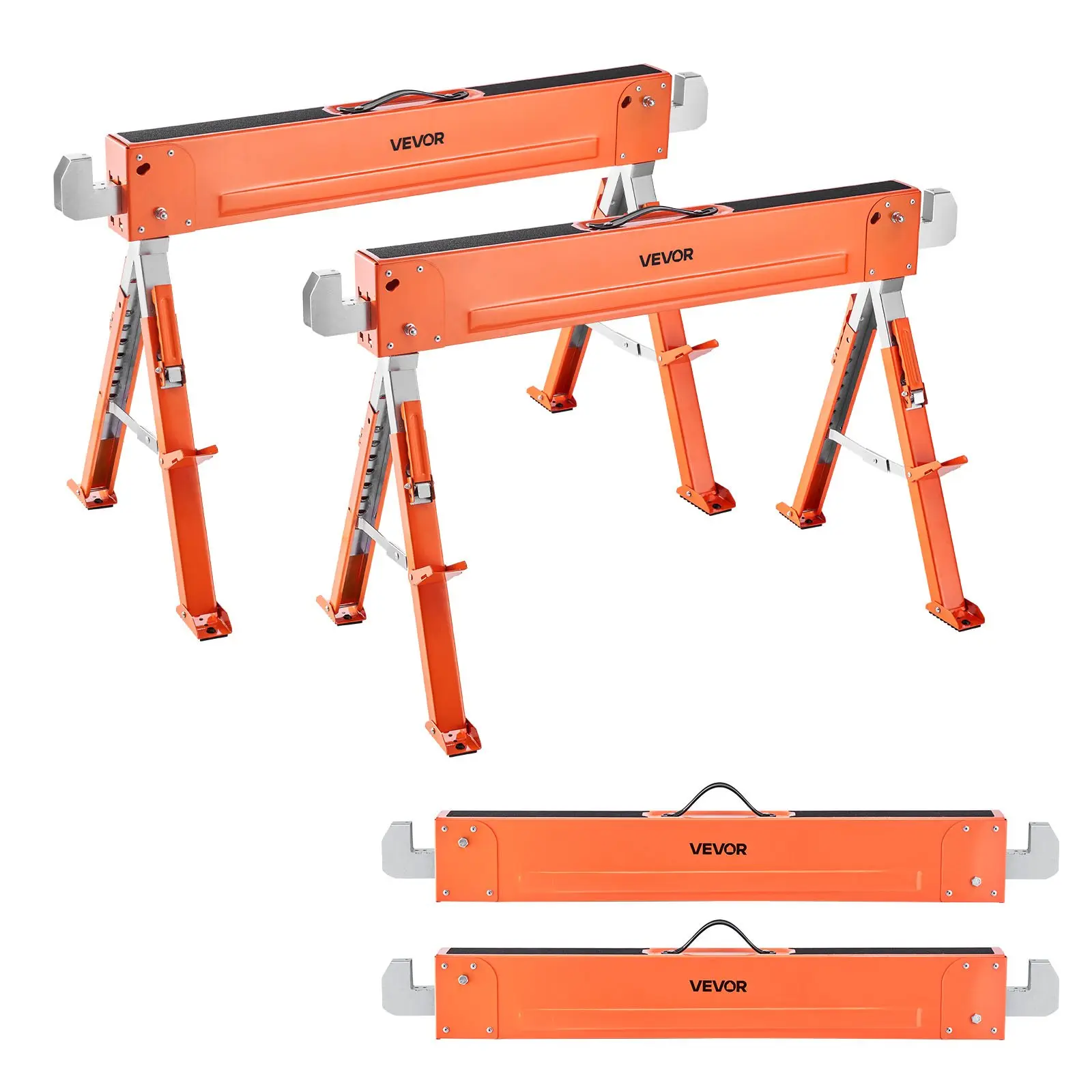 VEVOR Saw Horses, 2 Pack Folding Work Horses, 1800 lbs Load Capacity Sawhorse with Heavy Duty Legs, Adjustable Height Saw Horse with Non-Slip Foot Pads, for Woodworking, Carpenters & Contractors