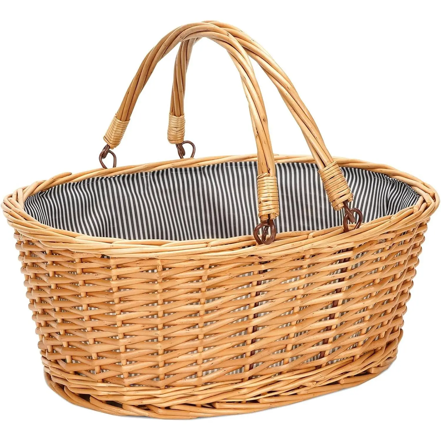 Wicker Picnic Basket with Double Folding Handles, Natural Large Willow Hamper Empty Basket Cheap Easter Eggs Candy Storage Wine Basket for Toy, Flower, Wedding（Grey 16inch）