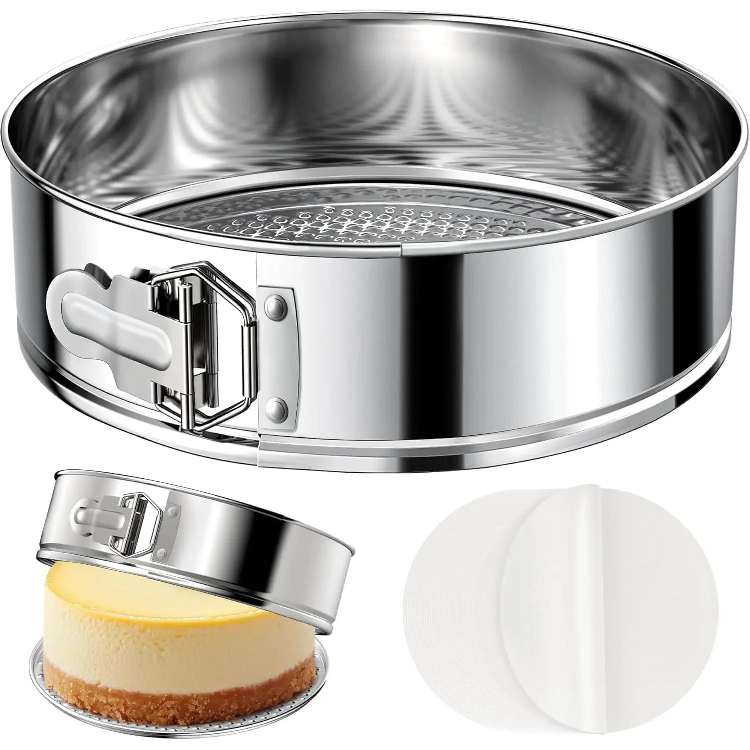 7 Inch 304 Stainless Steel Springform Pan with Removable Bottom | Nonstick Round Spring Form Cheesecake Pan with 30 count  Paper Liners