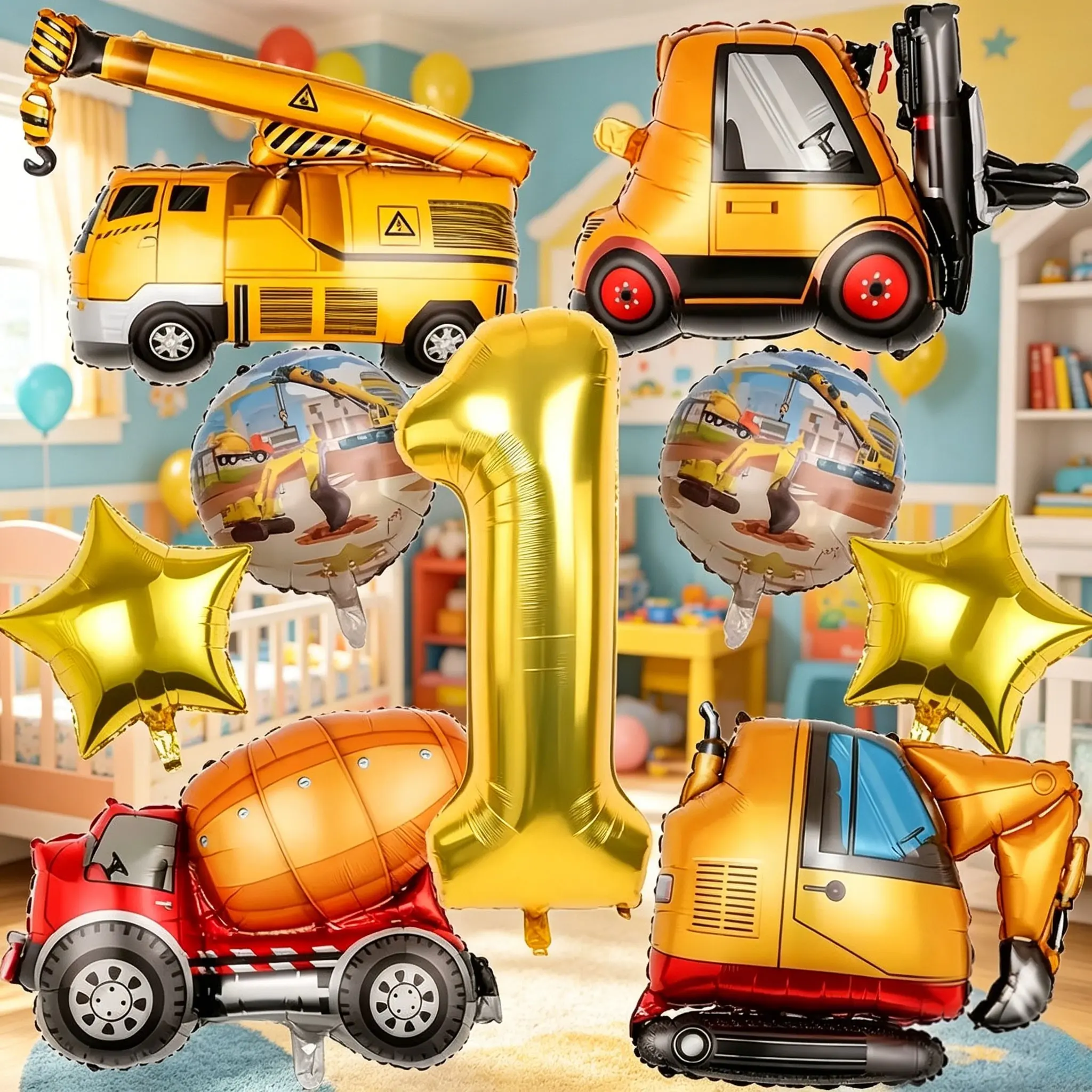 11-Piece Construction Vehicle Birthday Balloon Set, Number Balloons, Party Decorations for Birthdays, Events, Kids' Activities