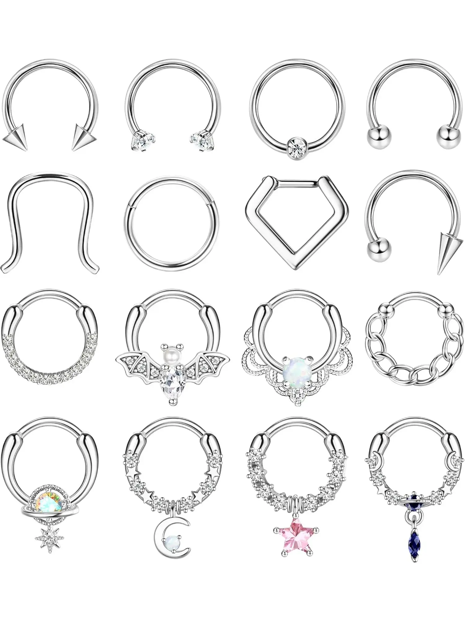 16Pcs Unisex 16G Surgical Steel Septum Clicker Hoop Piercing Bundle, Silver 10MM Horseshoe Rings With Dangle CZ, Multi-use For Nostril Lip Daith Tragus Helix Cartilage Piercing Jewelry Body Piercing Jewelry
