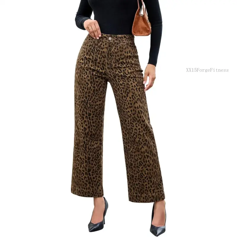 Wide Leg Jeans Woman Trendy High Waisted Leopard Cheetah Print Ankle Length Stretchy Denim Pants with PocketsXX15ForgeFitness