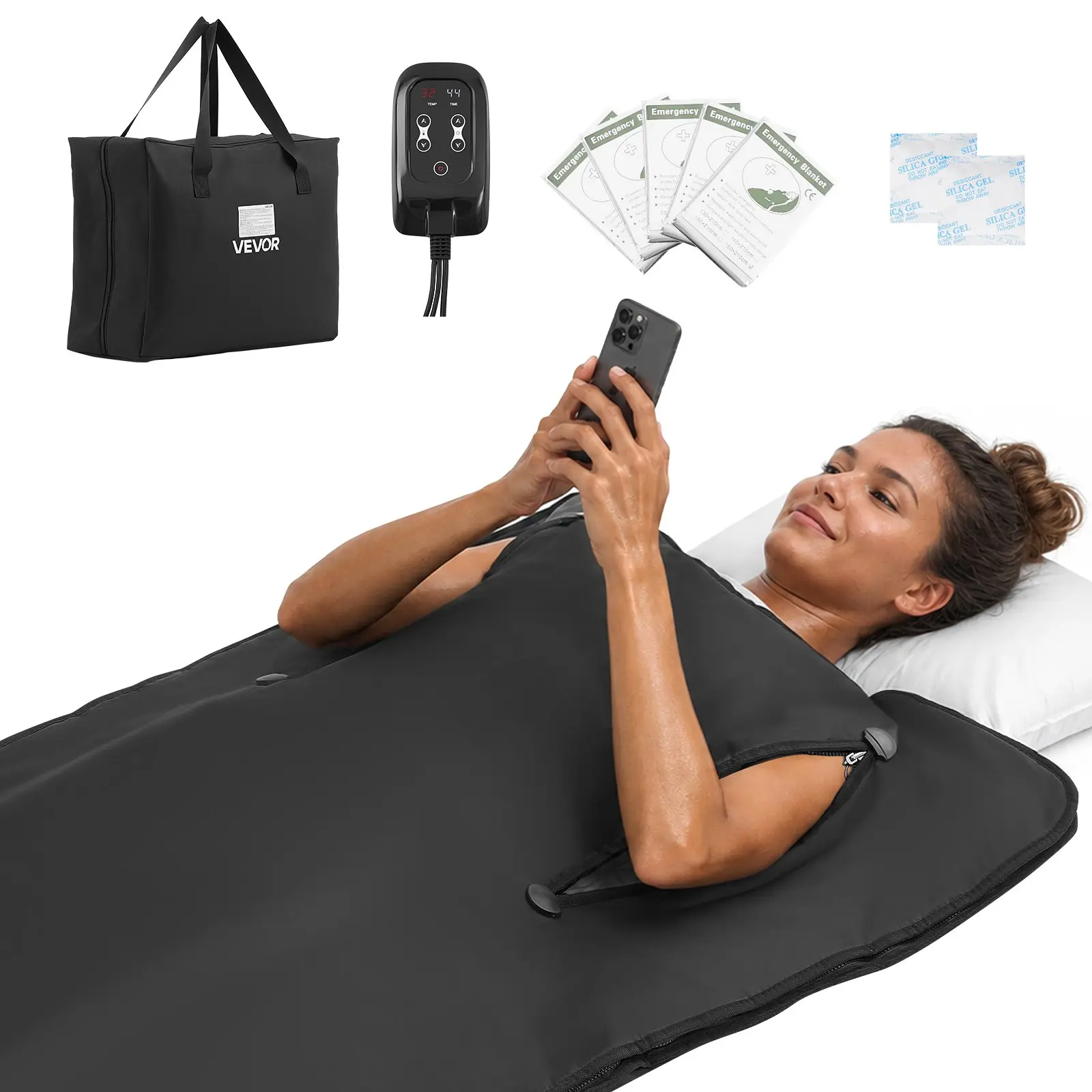 VEVOR Infrared Sauna Blanket with Armholes, 71x32in Portable Wrap, Oxford Fabric Single Strand Even Heating, Temp Control & Timer, Heat Retention Home Detox Relaxation Lightweight Carry Bag Included, Black