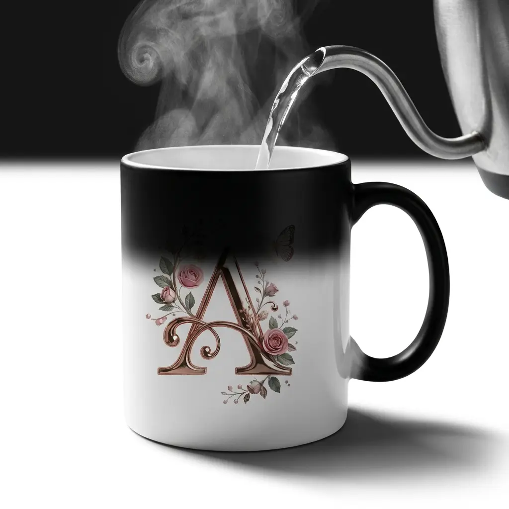 11oz Rose Gold Initial Glossy Ceramic Mug - Heat-Reveal Floral Monogram Color Changing Drinkware, Printed, Washable, Reusable Coffee Cup
