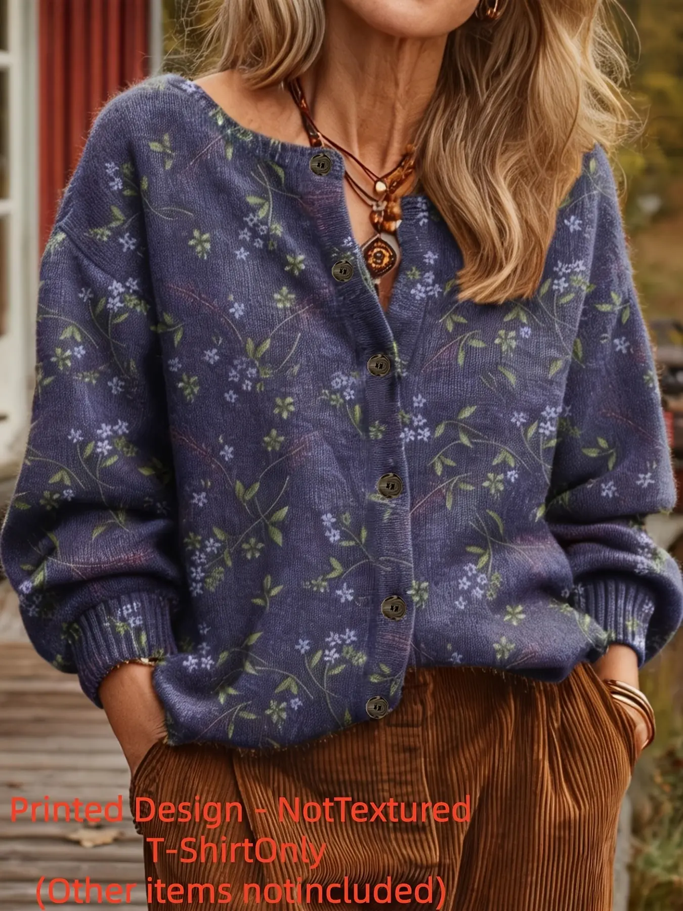 Women's Long Sleeve Loose-Fit Sweater, Elegant All-Over Print, Spring & Fall Fashion, Round Neck Open Front Cardigan, Thin Knit Outerwear
