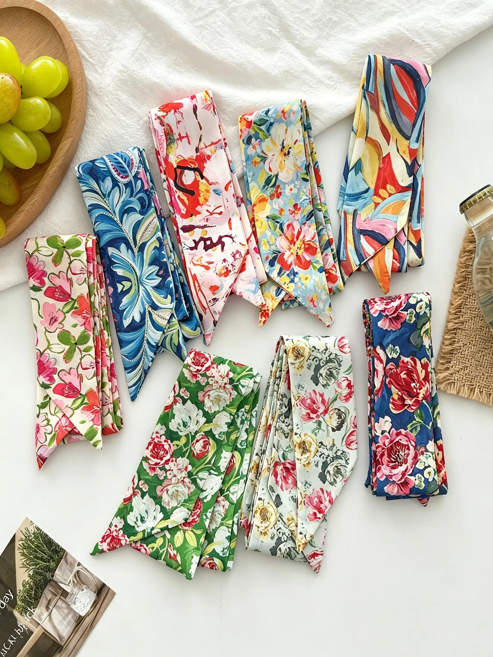 8-Piece Elegant French Style Hair Ties, Long Ribbon Set for Women & Girls, Multi-Functional Accessories, Floral Design, 120*5cm, Fashionable Hair Accessories