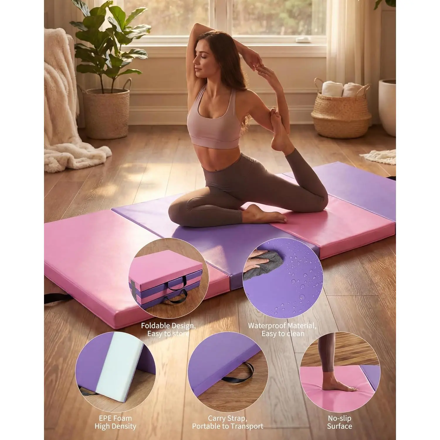 Gymnastics Mat, 6x2 Ft Exercise Mats, Gymnastics Tumbling Mats, Thick Portable Home Gym Floor Pad for Yoga, Pilates, Aerobics & Martial Arts Training Children Gifts