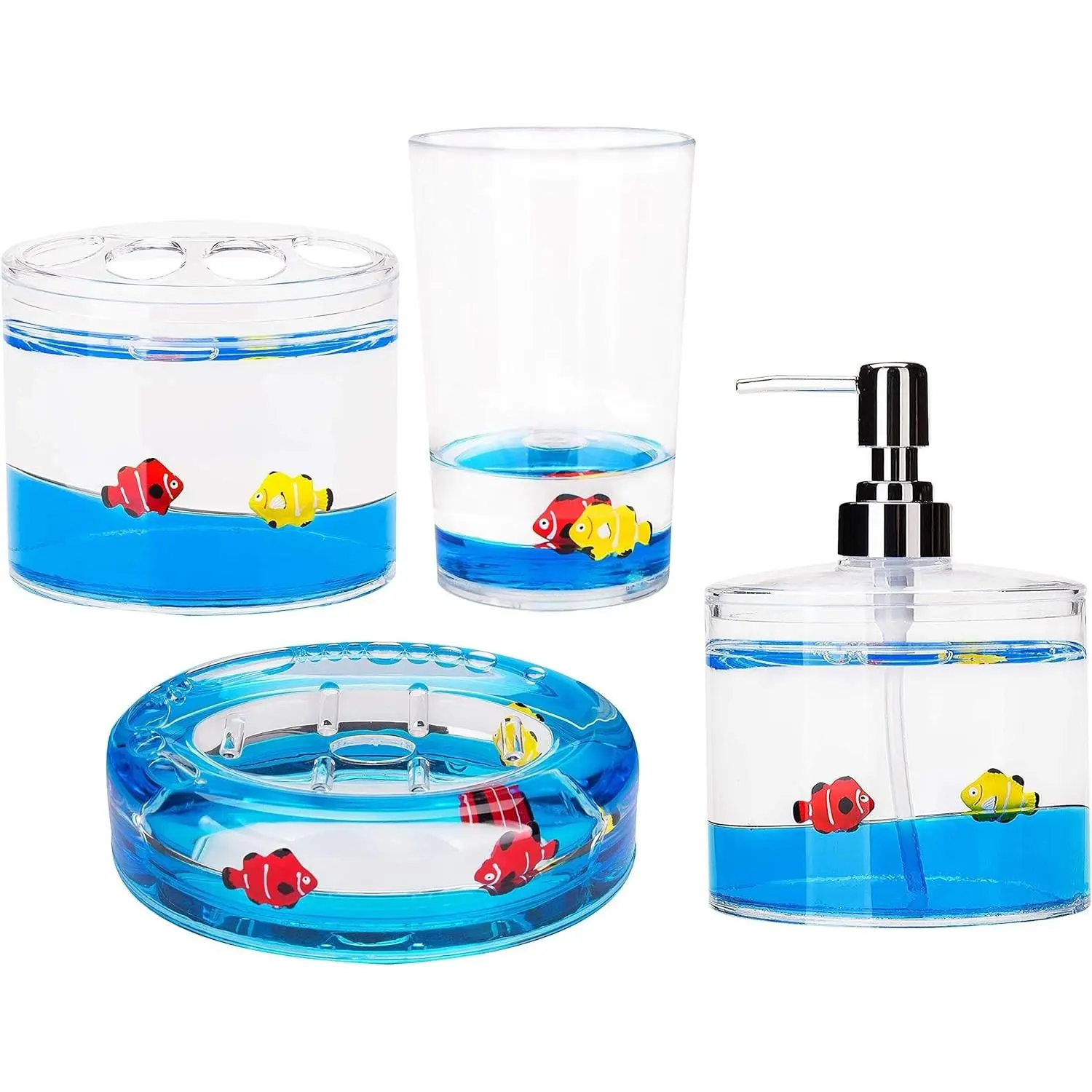 4-Piece Acrylic Bathroom Vanity Accessory Set - 4D Floating Effect, Ocean Cartoons, Animal Motifs, Fish Toothbrush Holder, Tumbler, Soap Dispenser, Soap Dish for Bathroom Decor, Four Pieces