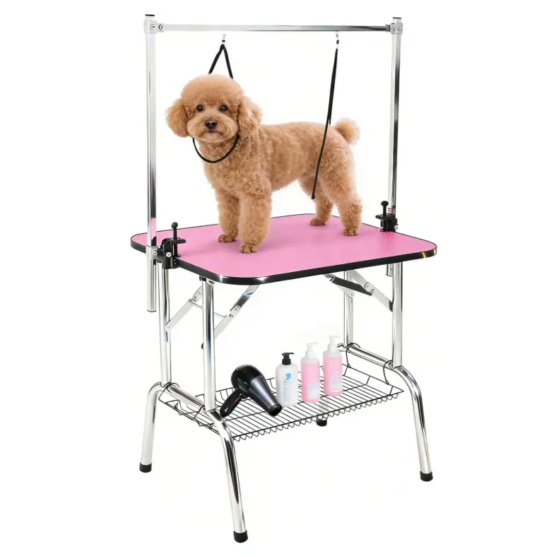 36" Pet Grooming Table – 330lbs Capacity, 2 Adjustable Arms & Safety Noose – Foldable, Non-Slip – for Cats/Dogs, Trimming/Drying – Pink