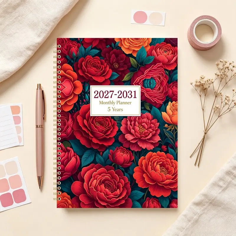 2027-2031 Monthly Planner/Calendar - January 2027 to December 2031, 5-Year Monthly Planner, Red Floral Themed Cover Notebook, Yearly and Monthly Planning, Monthly Tabs, 60-Month Calendar, 5.5" x 8.3" Thick Paper, Elastic Cover, Durable Double-Wire Spiral