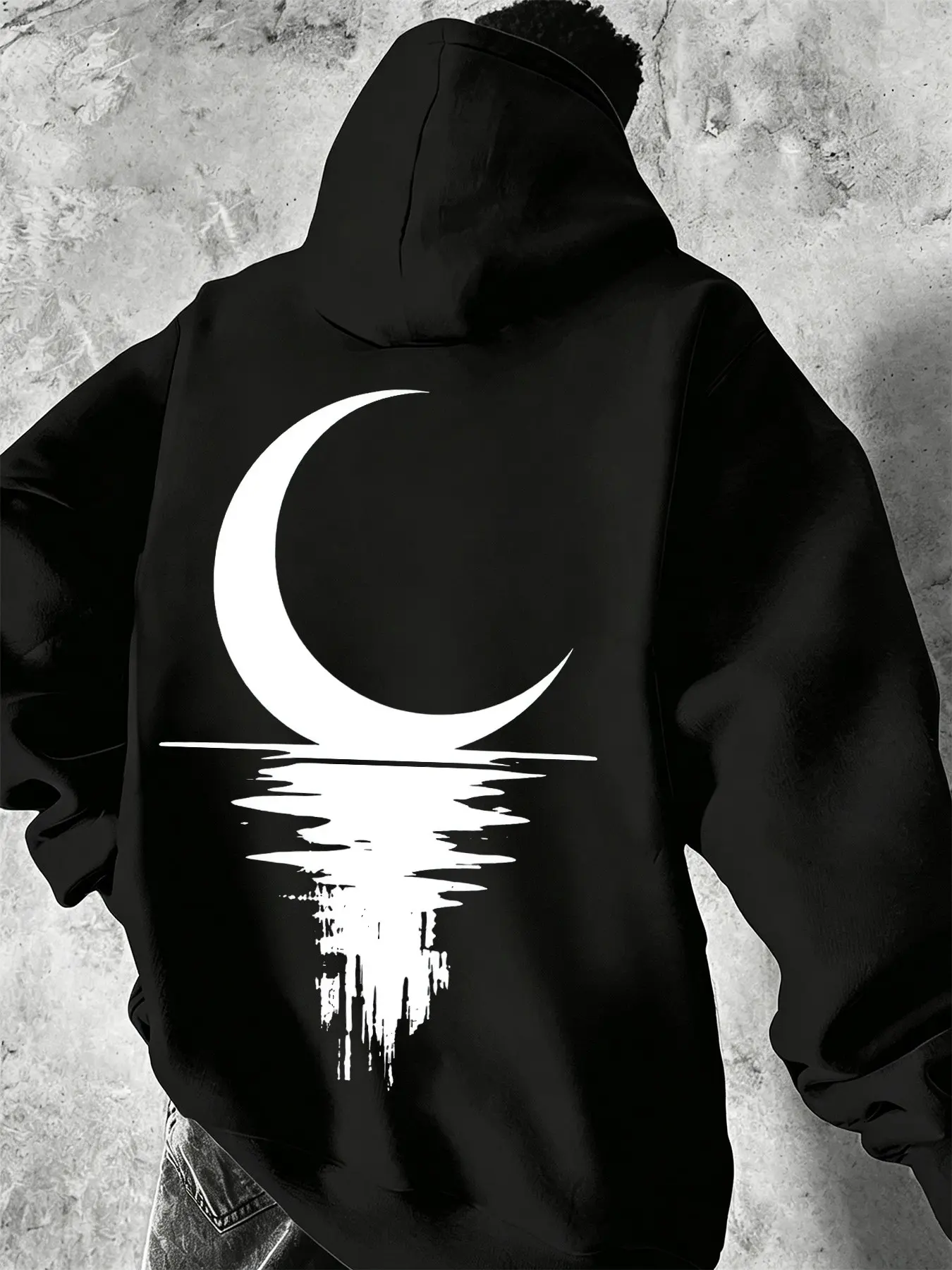 Mcd Oversized Fleece Pullover Hoodie Unisex, Crescent Moon Print, Loose-Fit Fall Winter Streetwear, Gothic Hip Hop Style