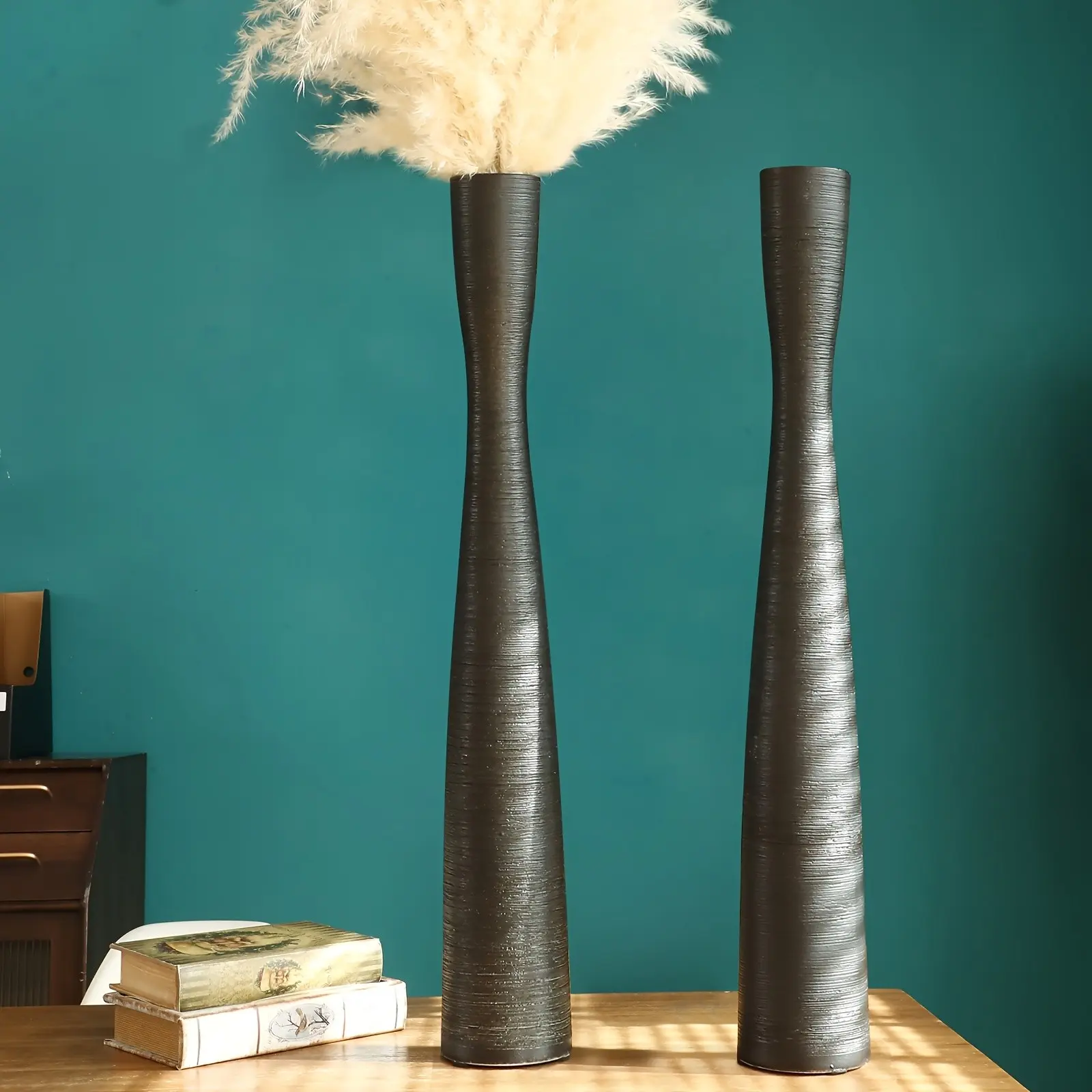 2pcs 20'' Tall Black Floor Vases Ceramic Skinny Long Vase For Pampas Grass Modern Minimalist Tall Flower For Fireplace Living Room Home Decor