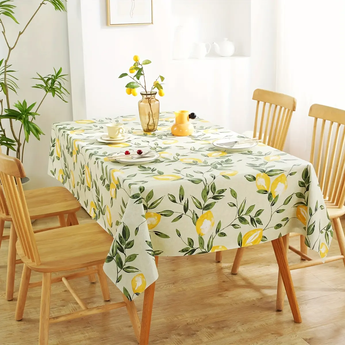 Botanical Lemon Vine Tablecloth with Soft, Flowing Drape, Thickened for Elegance, Great for Bridal Showers, Picnics, or Farmhouse Table Settings — Delicate Watercolor Style, Warm & Inviting Ambiance