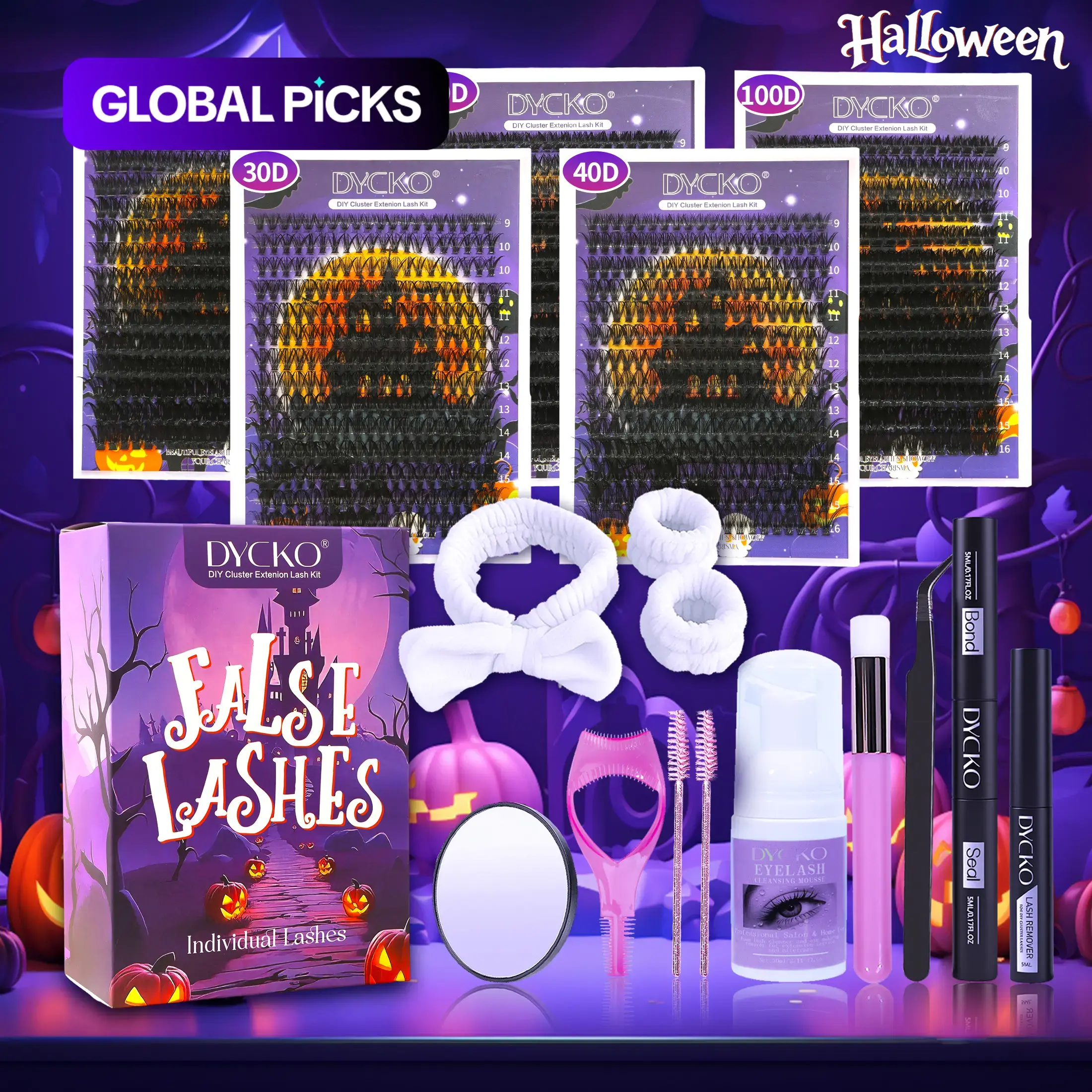 Dycko Halloween Eyelash Set, DIY Lash Kit, 1400 D Curl Lashes, Mixed Thickness, Includes Glue & Tools, Perfect for Parties & Gifts #GLOBAL PICKS