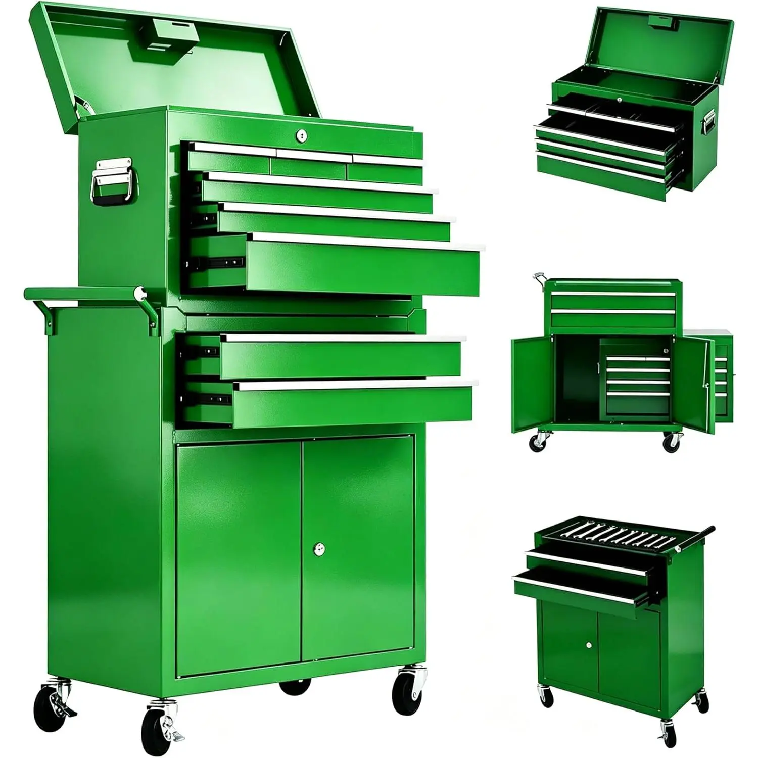 Rolling Tool Chest with Wheels 8 Drawers, Tool Storage Removable Tool Box Combo, Tool Cabinet with Lockable Wheels and Detachable Top Tool Box for Workshop Garage, Tool Chest with Liner