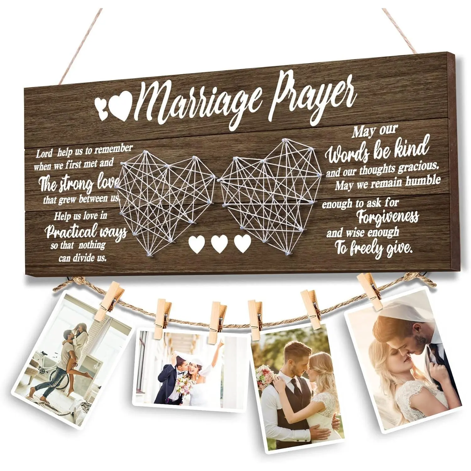 Heart-Shaped Engraved MDF Wood Marriage Prayer Photo Holder - Handmade Craft Party Gift for Bride and Groom, Newlywed Couple