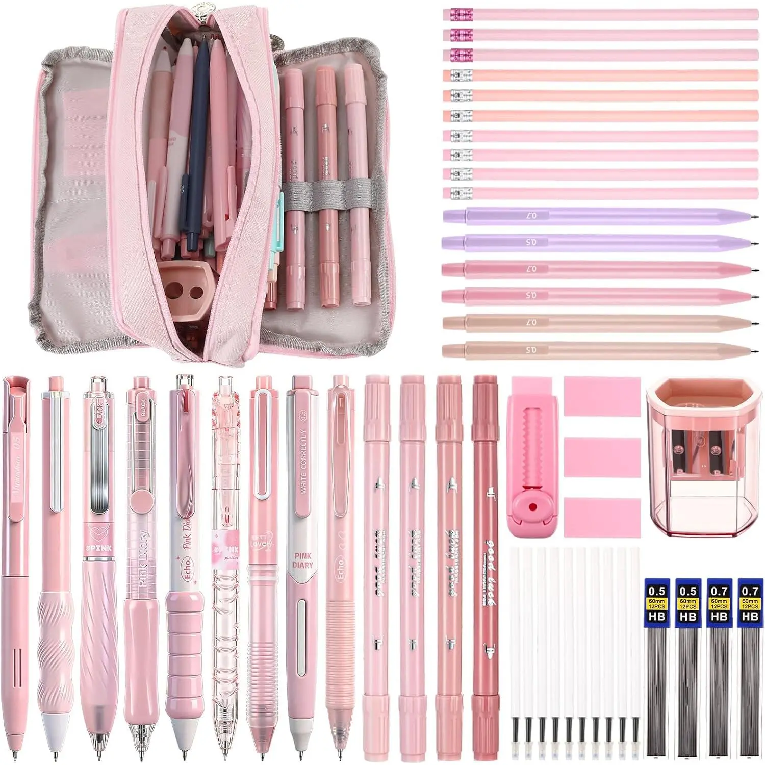 56 count Aesthetic Supplies with Large Capacity Pencil Case Ballpoint Pens Highlighters Mechanical Pencils Eraser Pencils Sharpener for Writing Office