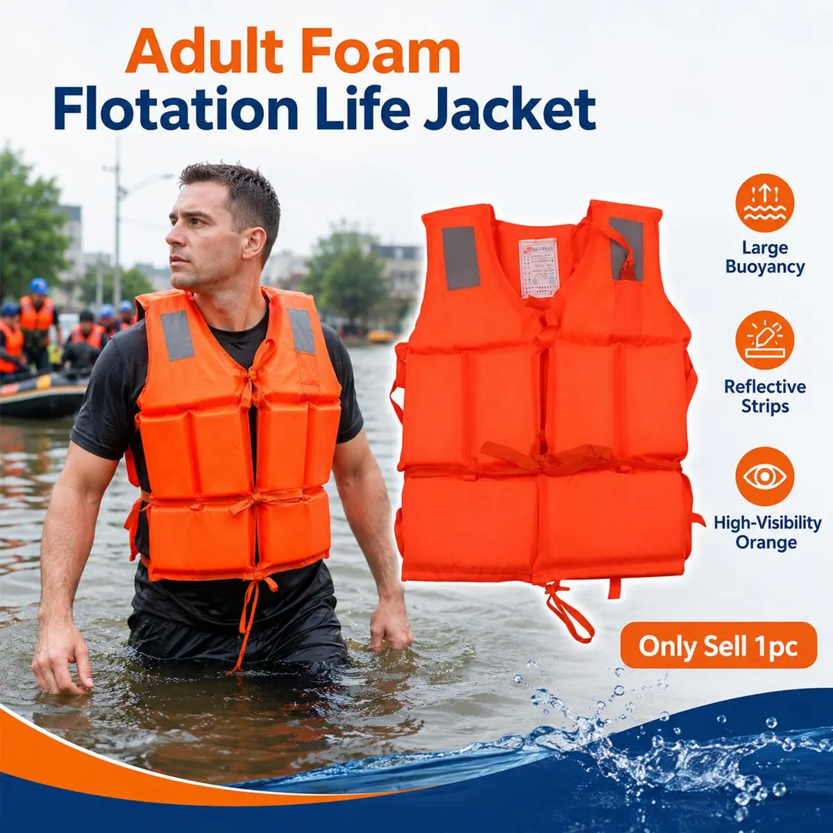 Adult Foam Flotation Swimming Life Jacket, Adult Life Vest, Large Buoyancy Portable Boat Safety Vest, Safety Flotation Device, Reflective Strips Buoyancy Vest, Suitable for Outdoor, Fishing, Rafting, Water Sports, Weight Range 80-260 Lbs Orange