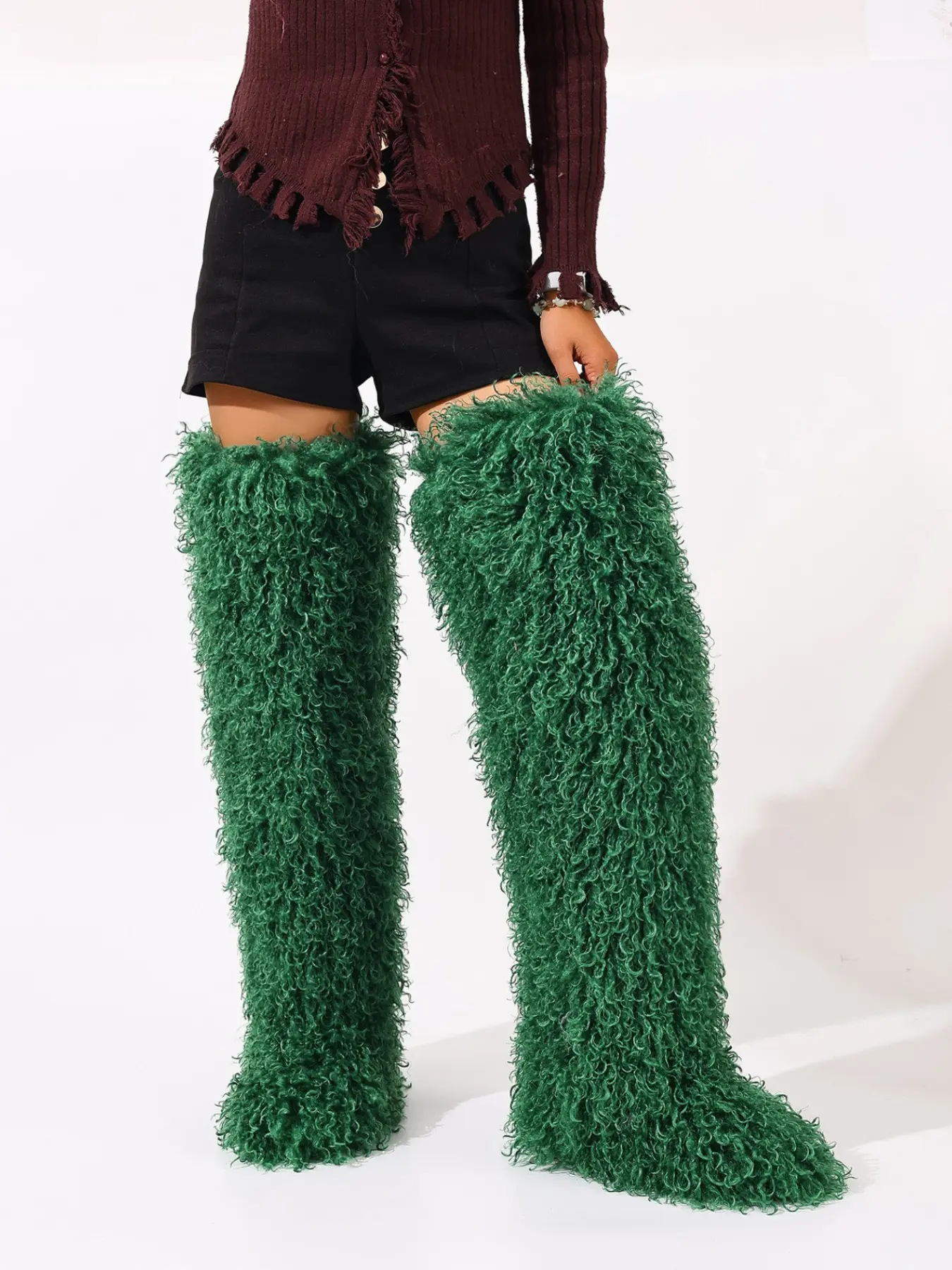 Women's Over-The-Knee Plush Boots, Thickened Cozy Winter Party Street Style, Textile Upper Rubber Sole, Plain Pattern, Shaggy Boots, Warm Boots