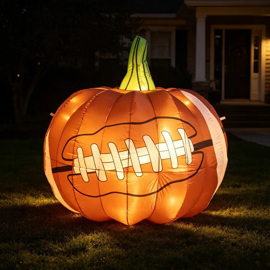 5.25FT Halloween Giant Football Pumpkin Inflatable Yard Decor, LED Light Up Inflatable Pumpkin, Plug‑in Quick Inflate, Indoor Outdoor Lawn Garden Halloween Party Decoration
